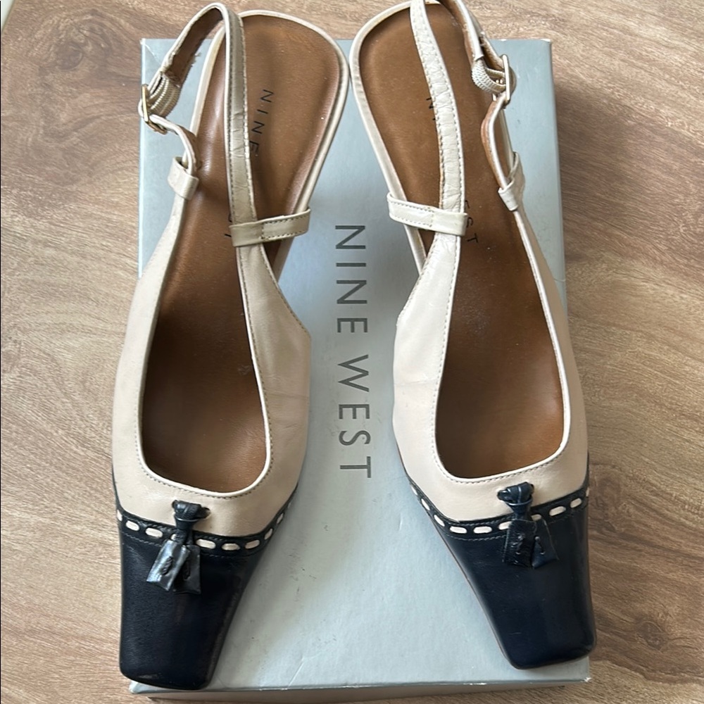 Nine West Women's Black and Cream Slingback Heels. Size 7.5 square toe. NWOT